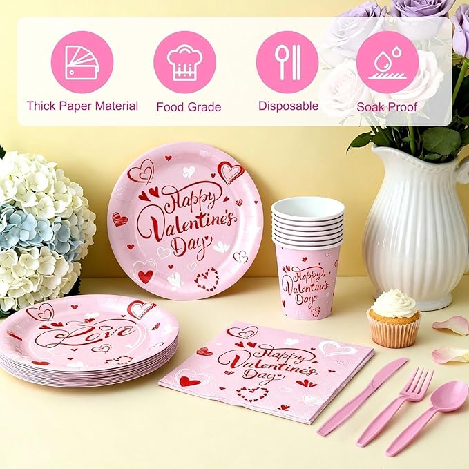 112PCS Valentine’s Day Heart Party Plates Supplies Love Pink Heart Party Tableware Decoration Disposable Paper Plates Napkins Forks for Graduation, Anniversary(Serves 16)