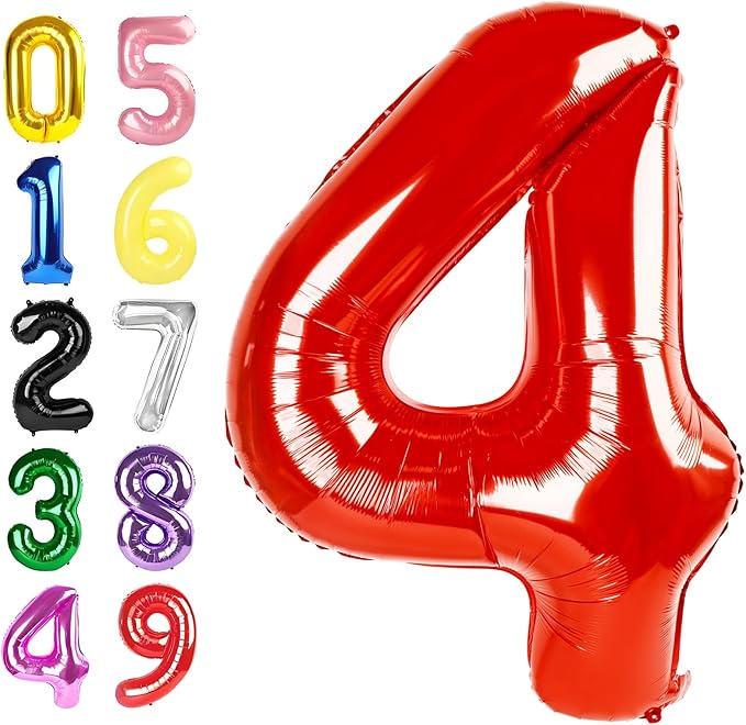 Number 4 Balloon, 40 Inch Large 4 Balloons for Birthday Party Decoration, Red Number 4 Ballon for 4, 14, 24, 44 Celebration, Birthday, Christmas, Anniversary Decor