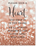 Andaz Press Wedding Party Signs, Glitzy Rose Gold Glitter, 8.5x11-inch, Please Sign a Heart and Drop It In the Frame, We'll Always Remember the Loved Ones Who Came, 1-Pack, Bokeh Colored Supplies