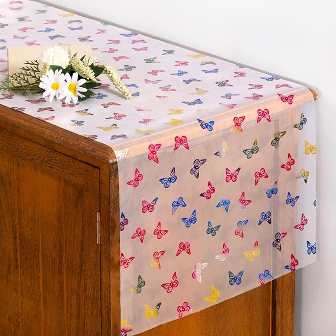 Socomi Butterfly Spring Table Runner Gauze Easter Seasonal Holiday Dining Table Decoration for Indoor Outdoor Home Party Decor 72 inch 1pc
