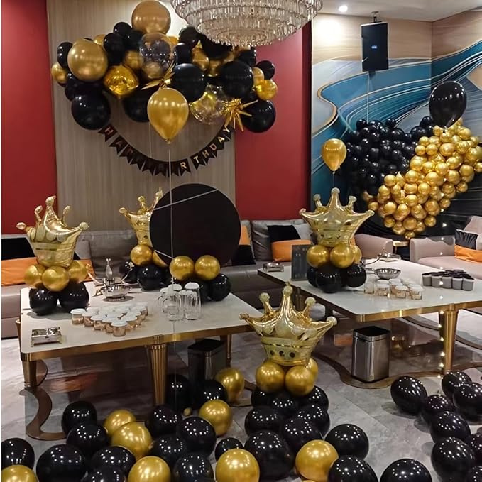 200 Pcs Black and Gold Balloons 12 Inch Latex Black Metallic Chrome Gold Balloon for Birthday Wedding Bridal Baby Shower Supplies Graduation Party Decorations