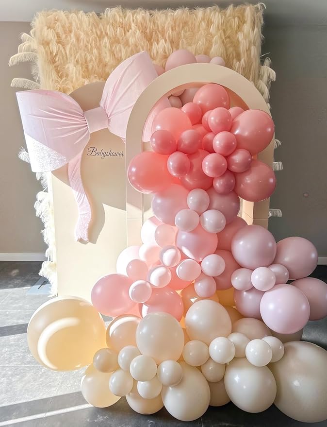 Light Pink Balloon Arch Kit - 133PCS Pastel Macaron Pink, Light Orange, and Clear Balloons for Girl's Birthday, Baby Shower, Gender Reveal, Bridal Shower, Wedding Decor