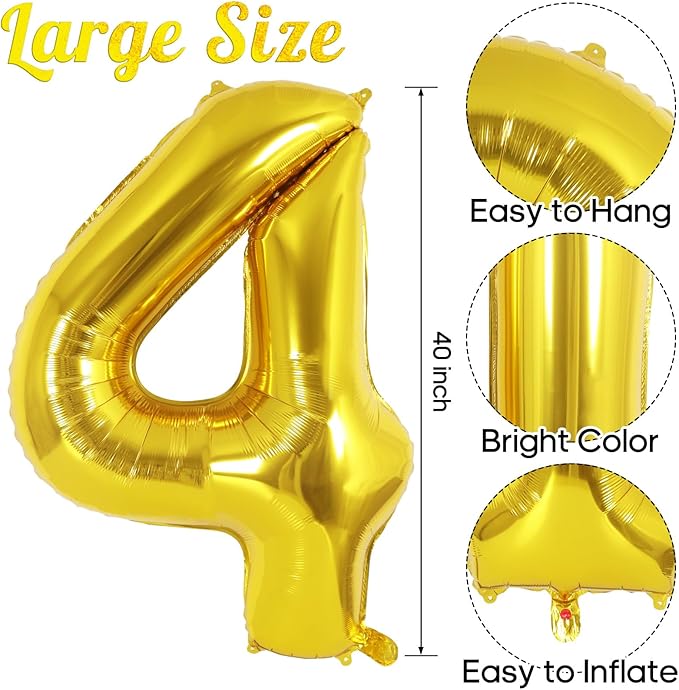 Gold Number 4 Balloon 40 Inch, Big Large Foil Helium Number Balloons, Giant Mylar Number 4 Balloons for 4 Year Old Birthday Party Decorations Supplies Anniversary