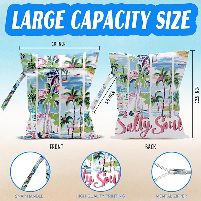 Beach Essentials, Wet Bag for Swimsuit Dirty Clothes Yoga Gym Diaper, Wet Dry Bag, Beach Vacation Essential for Travel Poor Bathing Summer Coastal Gifts Salty Soul