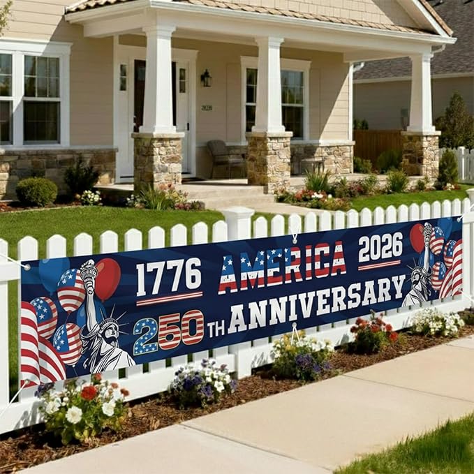 250 Year Anniversary USA Banner Flag 2x10 Ft, 4th of July Decorations 1776-2026 Freedom 250 Years Birthday Patriotic Party Supplies Decorations for Outdoor, Indoor,Garden, Porch (BLUE A)