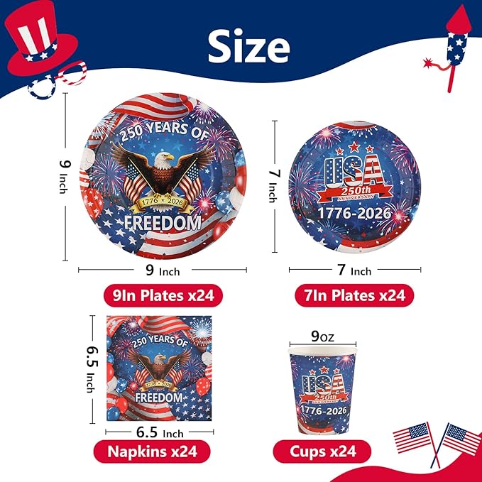 Probsin 250th Anniversary Plates and Napkins Set for 24-Disposable Paper Plates, Napkins, Cups, 250 Years of Freedom 1776-2026 American Eagle Patriotic Party Supplies for Outdoor Picnic