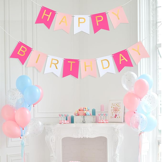 Pink Happy Birthday Banner -Roseo Pink White Hanging Backdrop Sign with Gold Letters, Happy Birthday Sign Bunting Decorations for Women men Kids Baby Shower Party Supplies (13pcs)