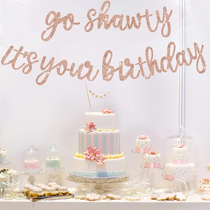 BEISHIDA Rose Gold Go Shawty It's Your Birthday Banner - NO DIY - Hip Hop Theme Glitter Happy Birthday Banner - Pre-Strung - Rose Gold Rap Theme Happy Birthday Sign for Man Women birthday Party Supply