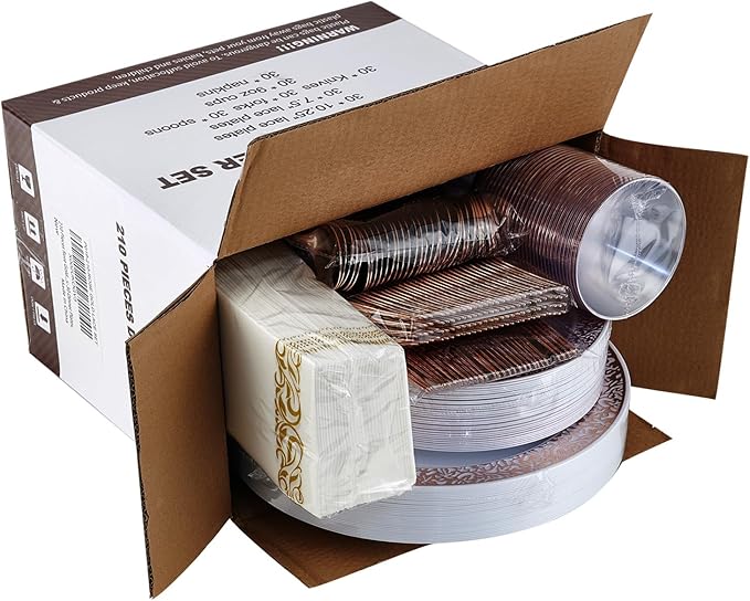 𝟮𝟭𝟬 Count Rose Gold Plastic Dinnerware Disposable Plates 30 Dinner & 30 Dessert Plates & 30 Cups & 30 Rose Gold Paper Napkins & 30 Plastic Silverware Set