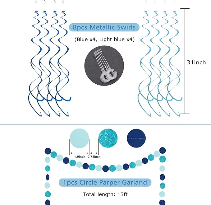 Blue Birthday Decorations with Happy Birthday Banner, Paper Honeycomb Balls, Circle Garland and Hanging Swirl Decorations, Birthday Party Decorations