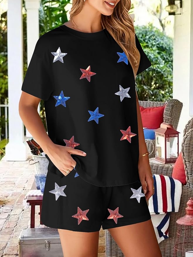 VILOVE 4th of July 2 Piece Sequin Outfits Women 250 Anniversary Usa Shirts and Short Sets Casual Patriotic Shirt Summer Set