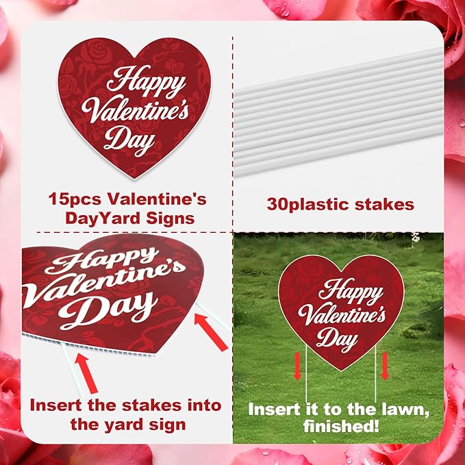 15 PCS Valentine's Day Decorations Valentine's Day Yard Signs, Valentines Love Heart Outdoor Decorations, Happy Valentines Day Heart Yard Signs, Valentine's Day Wedding Anniversary Outdoor Decor SetLawn Pathway Decor