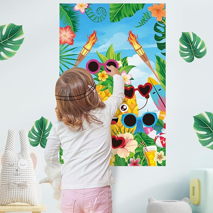 Hooqict Luau Party Game for Kids Pin the Sunglasses on the Pineapple for Summer Tropical Tiki Luau Party Supplies Decorations, Large Hawaiian Pin The Tail Game Poster with 27 Pineapple Stickers