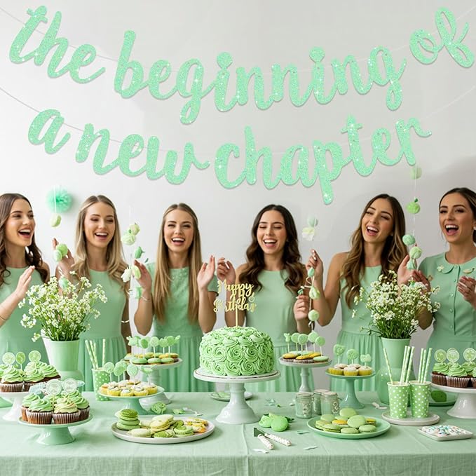 BEISHIDA Glitter Light Green The Beginning of A New Chapter Banner,Pre-Strung Farewell Book Themed Housewarming Party Congratulations Decorations,Going away party Garland,Graduation Sign 2026 Banner,retirement Supplies
