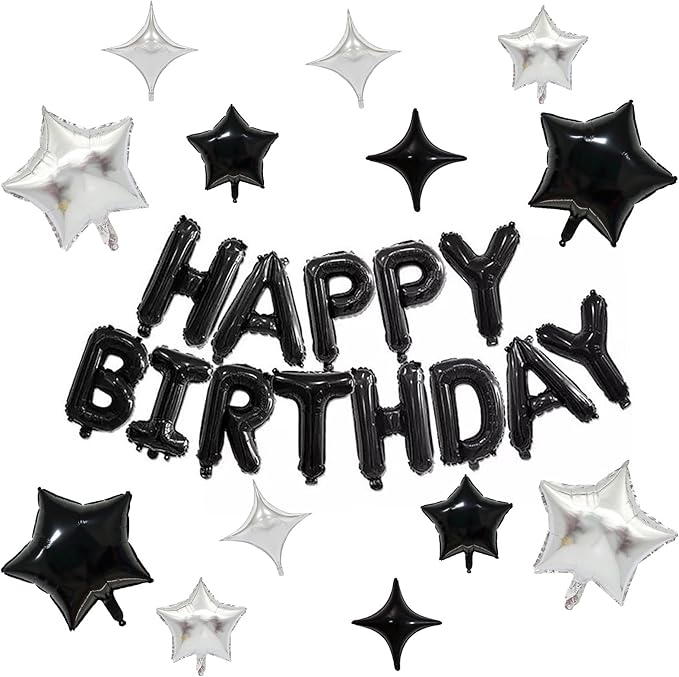 KALOR Black Happy Birthday Balloons Kit with 16 Inch Mylar Foil Letters Balloon and Silver Star Balloons for Birthday Party Decorations Photo Booth Backdrop