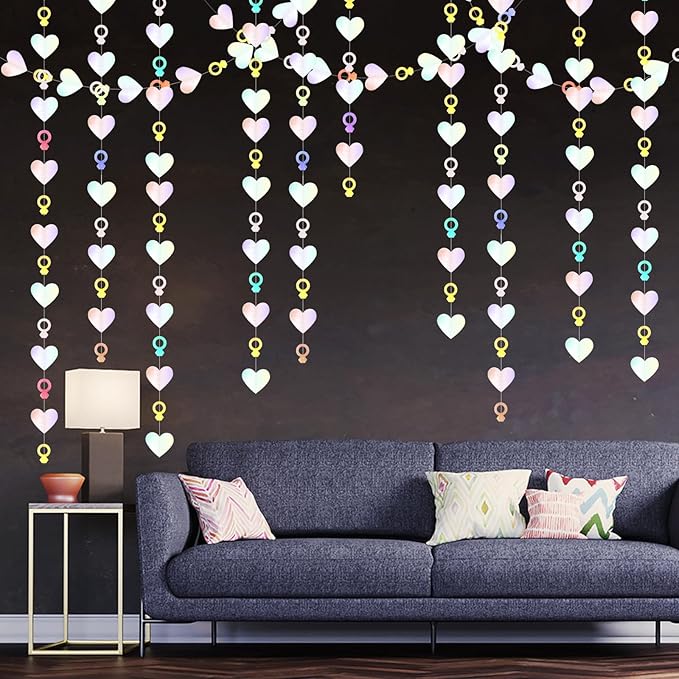 Engagement Bachelorette Party-Decorations Iridescent Heart-Ring Garland - 52Ft Holographic Disco Wedding Paper Streamers Banner,Valentines Day Galentines Proposal Decor Lasting Surprise