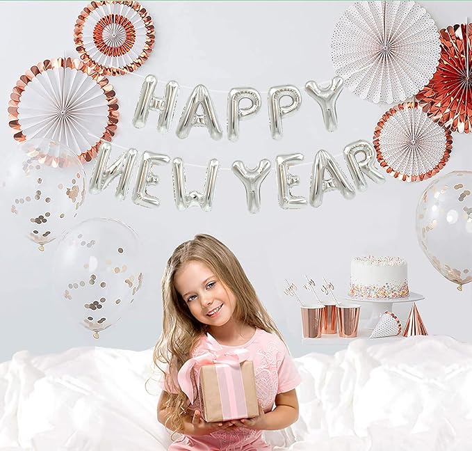 TONIFUL Silver Happy New Year Balloons 16 Inches Mylar Foil Letter Sign Banner balloon For 2025 New Years Eve Party Anniversary Decor Home Party Decorations