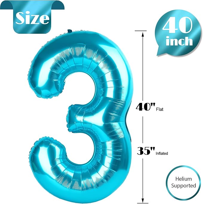 Light Blue Number 3 Balloon 40 Inch, 3 Balloon Number, 3rd Birthday Decorations, Light Blue Party Supplies for Boys Girls