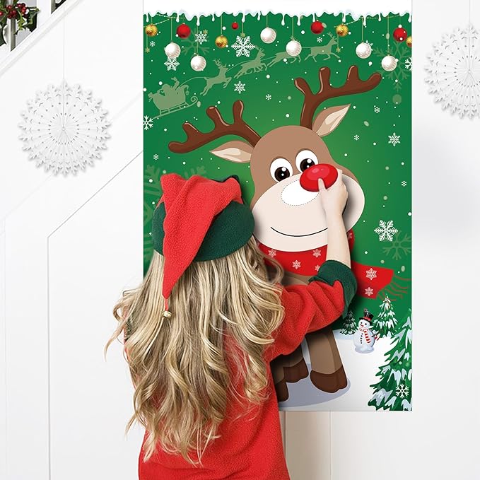 Pin The Nose on The Reindeer with 54PCS Red Nose for Kids Family Pin The Nose on The Reindeer Games, Large Christmas Reindeer Poster Games for Kids Christmas Party Games
