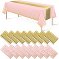 16Pack Disposable Plastic Tablecloths and Satin Table Runner Set Pink and Gold Dot Tablecloth Gold Satin Table Runner for Wedding Birthday Baby Shower Anniversary Christmas New Year Party Supplies