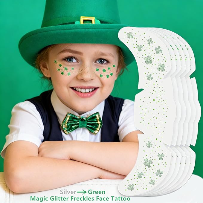 Go Ho Shamrock Glitter Freckles Face Tattoo,St Patricks Day Accessories - Freckles Sparkle,St Pattys Outfit Women Kids Face Stickers,Shamrock Green Glitter Stickers,6 PCS