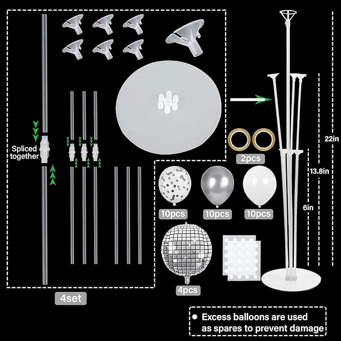 4 Sets Prom Silver Disco Ball Party Balloons Stand Kit with 4 Metallic Ball Foil Balloons Disco Themed Balloon 70s 80s 90s Dance Party Balloon Centerpiece for Tables Birthday Baby Shower Decorations