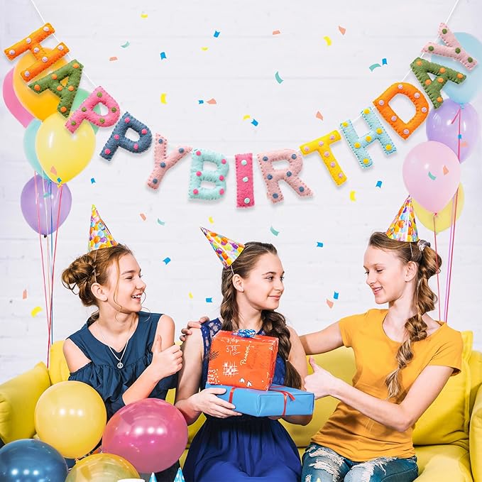 Pre-Strung Handmade Wool Felt Colorful Happy Birthday Banner, Unique 3D Confetti Dots Happy Birthday Garland Decor, Reusable Happy Birthday Sign for Boho Rainbow Party Backdrop Decorations