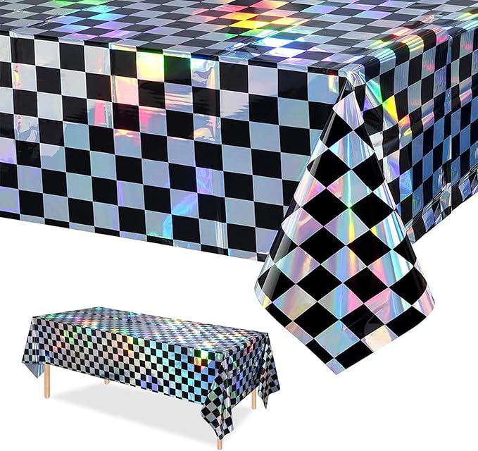 3-Pack Vibrant Black Checkered Tablecloths, Holographic Glittering Disposable Plastic Tablecloths, 54 Inches x 108 Inches, Suitable for Picnics, Birthday Parties, Racing Theme Decorations