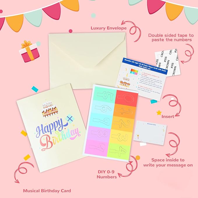 3D Musical Birthday Card, Blowable LED Light Candle, 3D Birthday Popup Cards with DIY 0-9 Numbers, Blow Out Led Light Candle, and Play Happy Birthday Music for Kids Men and Women