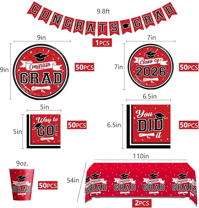 DAZONGE Graduation Decorations 2026 Red and Black, 265pcs Disposable Tableware Kit for 50 Guests, Plates, Napkins, Cups, Tablecloth and Hanging 2026 Graduation Party Decorations