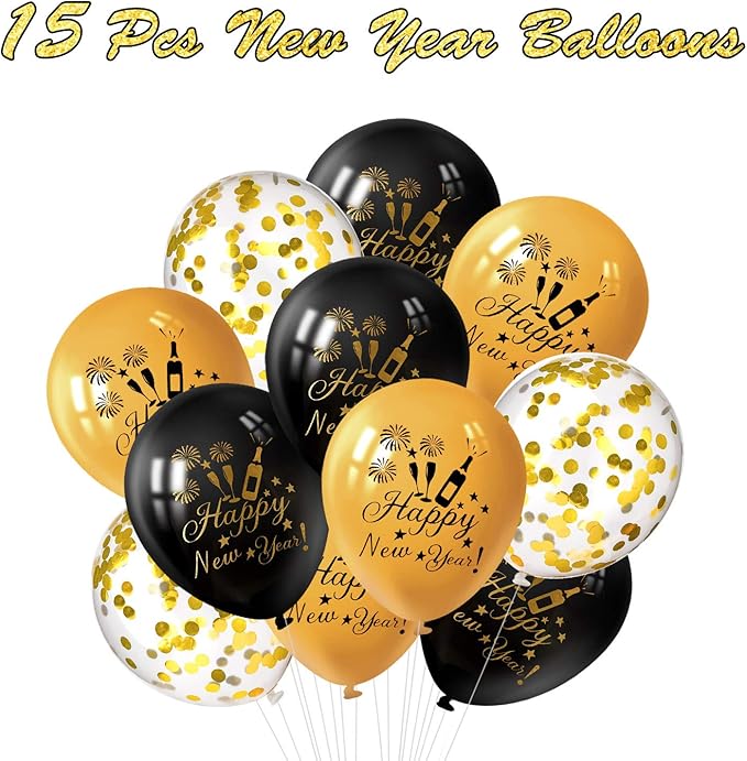 TUPARKA 57 Pcs 2026 New Years Eve Party Supplies Includes Paper Happy New Year Glasses，Party Blowouts Blowers Noisemakers and Black Gold Balloons，New Year Decorations NYE Party Supplies