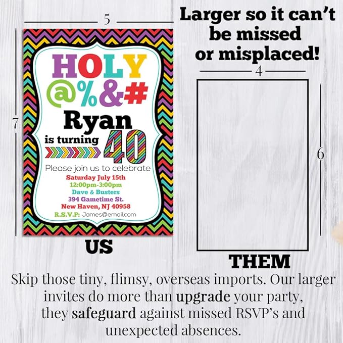 Custom Birthday Invitations 40th Birthday Invitation 20 5x7 Custom 40 Party Invitation Cards With Envelopes - Unique 40th Party Invitations Hilarious Holy &*$% Theme