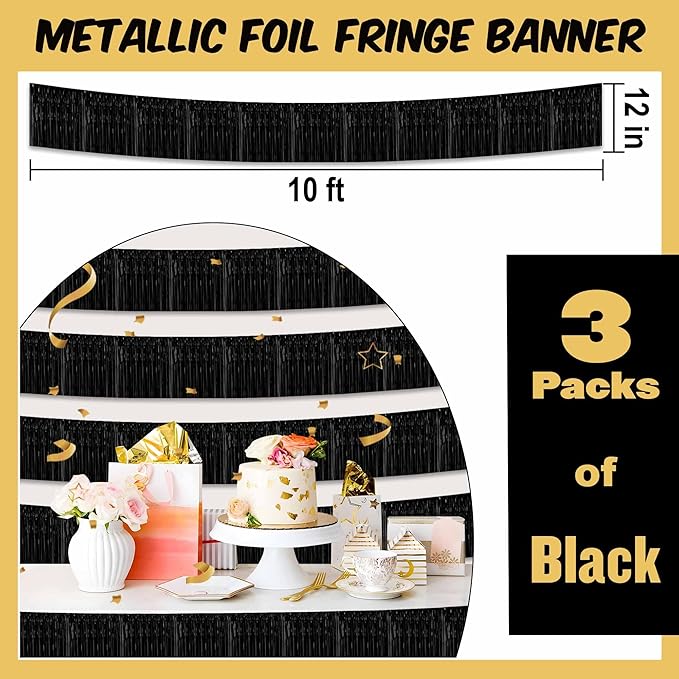 3 Pack 10 Ft Black Foil Fringe Garland Metallic Streamers Tinsel Banner Wall Hanging Garland Backdrop for Parade Floats, Halloween, Christmas, Thanksgiving, New Year Party Decorations