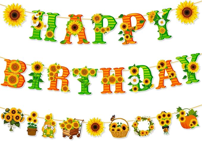 Zwiebeco Green Yellow Orange Sunflower Happy Birthday Party Decoration Banner Bunting Garland Hanging Paper for Boys Girls Kids Women Spring Summer Sunflower Flowers Themed Party Accessories Supplies