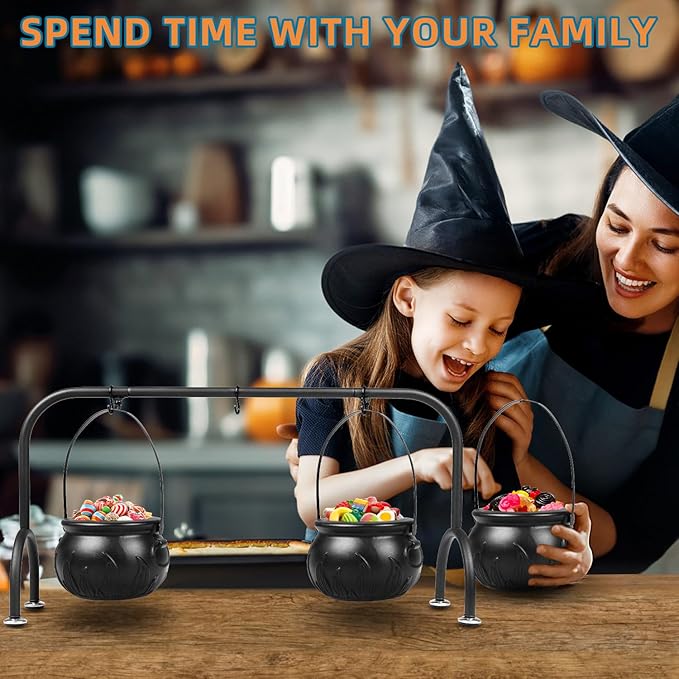 Easter Decorations Indoor,Set of 3 Witches Cauldron Candy Serving Bowls on Rack, Party Decorations,Black Plastic Candy Cauldron for Table Decor,Easter Candy for Kids