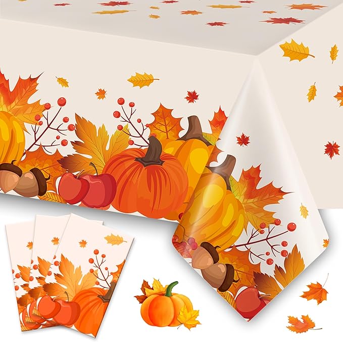 Slergut Thanksgiving Tablecloth Disposable 3 Pack, Thanksgiving Decorations for Party Fall Tablecloth Plastic 54" x 108" Table Decor Party Supplies Indoor and Outdoor Friendsfiving Fall Decorations