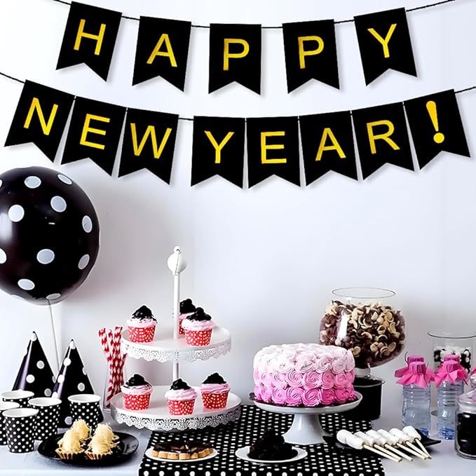 Happy New Year 2026 Banner - Black & Gold Sign For New Year's Eve Decorations, Nye Eve Party Supplies Decorations, 2026 Nye Decorations, 2026 Nye Sign