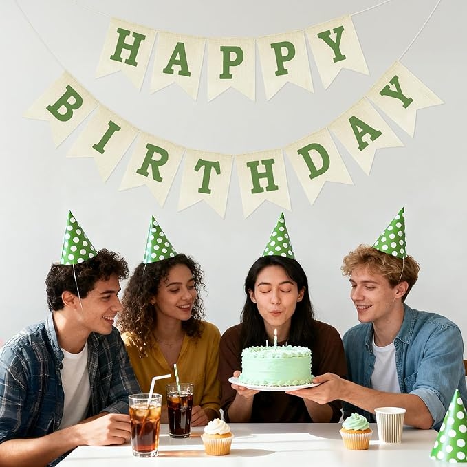 Anwyll Happy Birthday Banner - NO DIY Burlap Happy Birthday Banner Sign Happy Birthdays Party Decoration Happy Birthdays Banners Bunting for Women Men Girl Boy Celebration Party Backdrops (Green)
