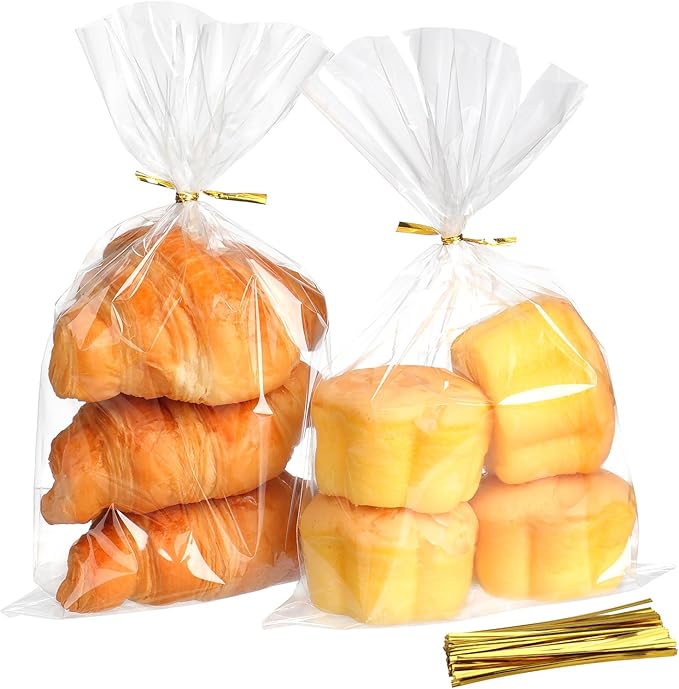 RICEDUO 100-Pack Cellophane Treat Bags with Twist Ties - 6x10 Inch Clear Party Favor Bags for Candy, Cookies, Birthday Goodies, Baby Showers & Holiday Gift Wrapping