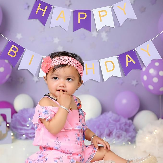Purple Happy birthday banner - Hanging Backdrop Sign with Gold Letters, Happy Birthday Sign Bunting Decorations for Women men Kids Baby Shower Party Supplies (13pcs)