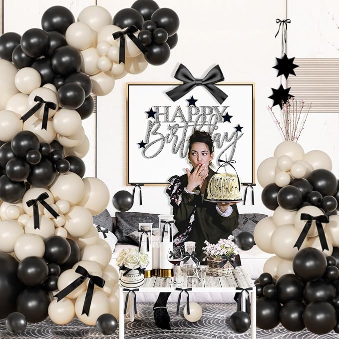 Black and Sand White Balloon Arch Kit 141 Pcs Coquette Birthday Decorations Include Balloons and Black Bow for Wedding Baby Shower Gender Reveal Bow Birthday Decorations