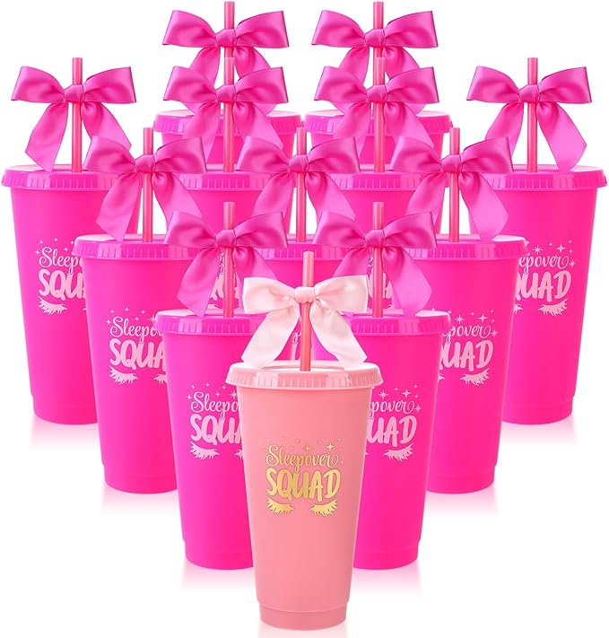 12 Pcs Sleepover Party Cups with Lids Straws and Bows 24 oz Plastic Coffee Tumbler for Spa Birthday Sleepover Party Supplies Girls