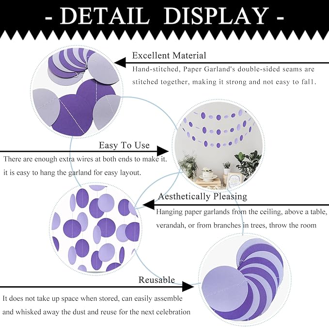MerryNine Paper Garland 5 Pack, 50ft Glitter Paper Garland Circle Dots Hanging Decor, Banner for Baby Shower, Birthday, Nursery Party Decor (Purple)