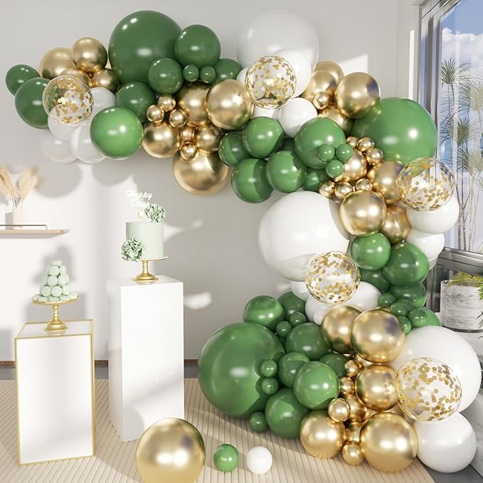 Green White Gold Balloon Arch Kit, 146Pcs Avocado Green Metallic Chrome Gold Confetti and White Latex Balloons for Wedding Birthday Baby Shower Decoration