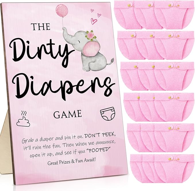 Roowest 51 Pcs Dirty Diaper Baby Shower Games Funny Wooden Sign with 50 Pcs Mini Diapers Cute Felt for Gender Reveal Party Baby Shower(Pink Elephant)