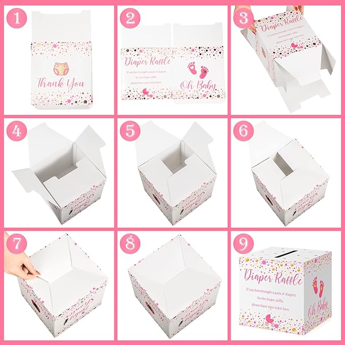 Funrous 51 Diaper Raffle Tickets with Box for Baby Shower Game Invitations Diaper Raffle Card for Gender Reveal Baby Shower Party Decoration Table Centerpiece(White, Pink)