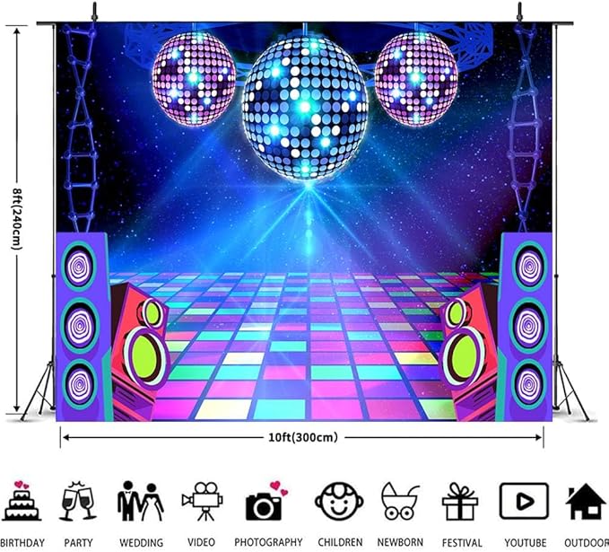 Disco Backdrop 10X8 ft Retro Glow Party 70s 80s 90s Theme Stage Dance Background Disco Party Decoration Disco Ball Banner Dance Party Backdrop for Birthday Party Prom Portrait Photo Props Polyester