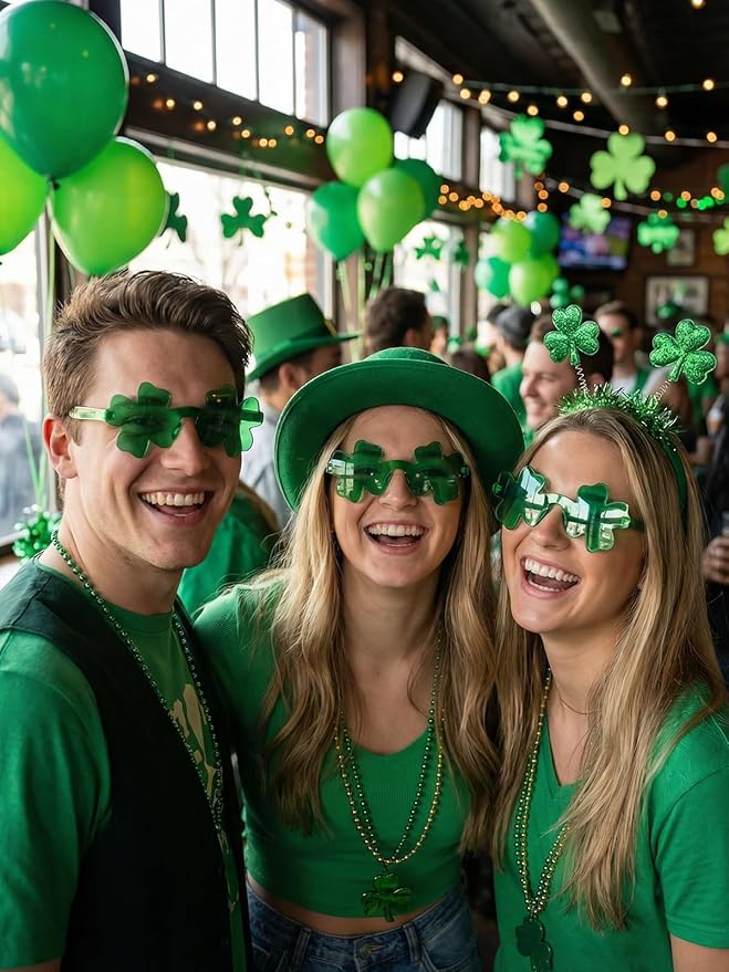 12 Pairs Saint Patricks Day Shamrock Glasses Accessories for Adult Clover Glasses Fun Trendy Transparent Shamrock Sunglasses Party Favor (12 Pairs-Green Clover) ﻿