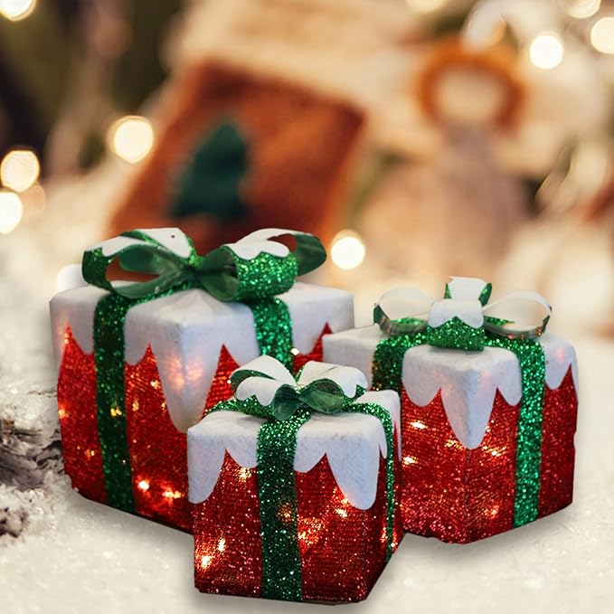 MorTime Set of 3 LED Boxes with Green Bows, Lighted Red Boxes with 60 LED Light String for Christmas Indoor Outdoor Home Yard Party Decoration