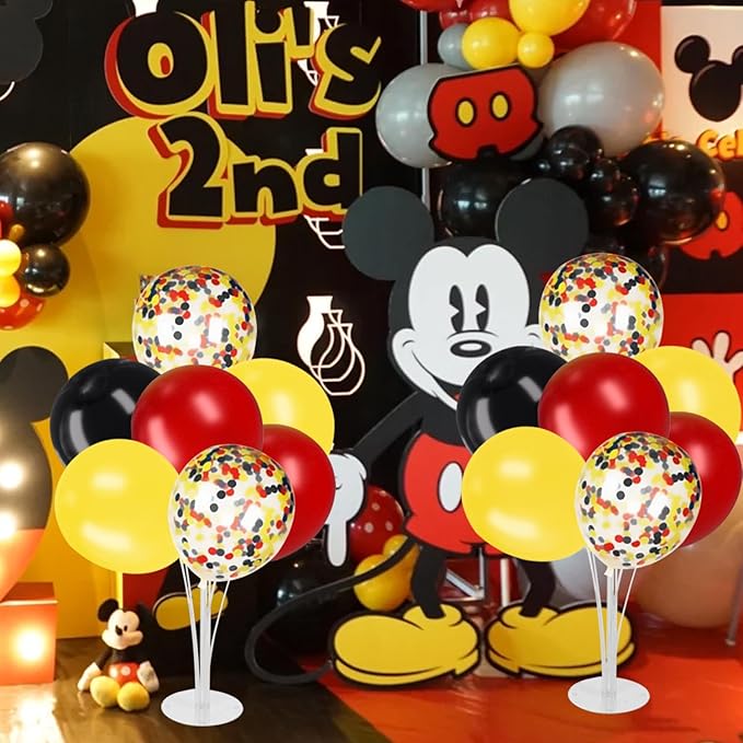 4 Sets Balloon Stand Kit, Balloon Sticks Holder for Table Centerpiece with Red Yellow Black Balloons Mickey Party Theme Kids Party Supplies Decorations(Red Yellow Black)
